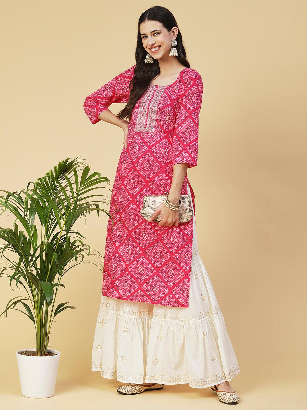 Bandhani Printed & Embroidered Straight Fit Kurta - Pink - Indiakreations