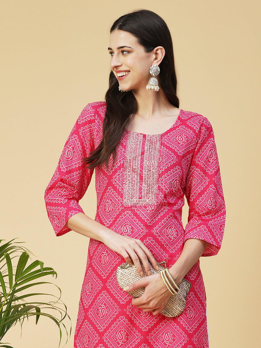 Bandhani Printed & Embroidered Straight Fit Kurta - Pink - Indiakreations