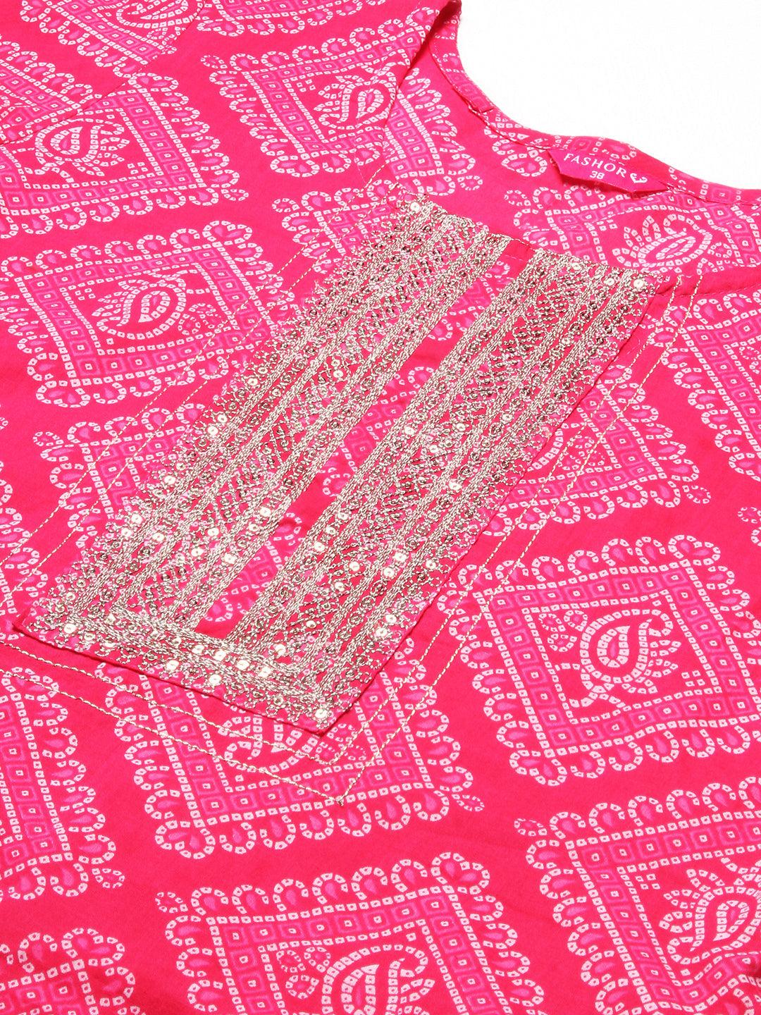 Bandhani Printed & Embroidered Straight Fit Kurta - Pink - Indiakreations