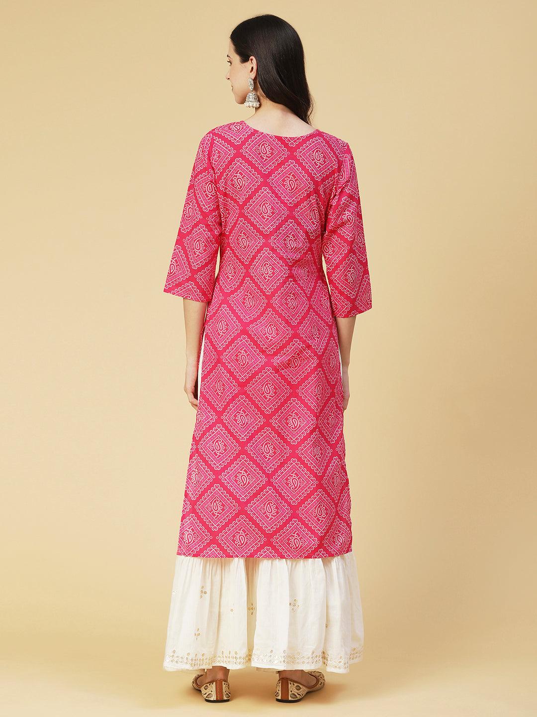 Bandhani Printed & Embroidered Straight Fit Kurta - Pink - Indiakreations