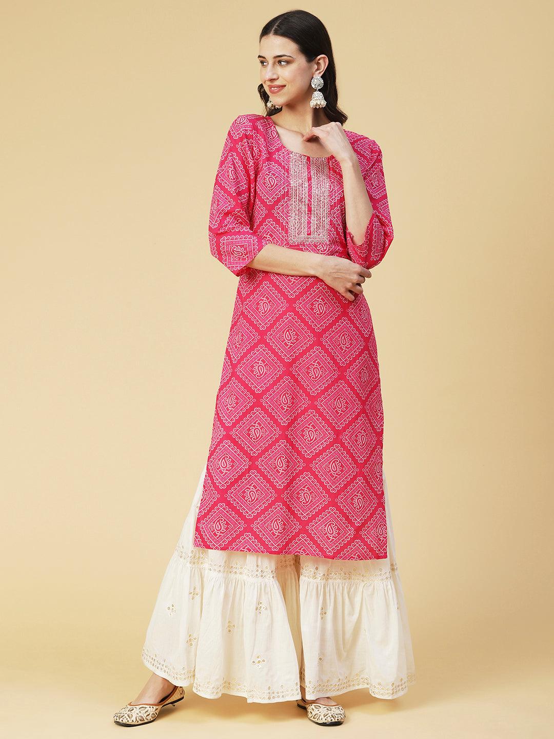 Bandhani Printed & Embroidered Straight Fit Kurta - Pink - Indiakreations