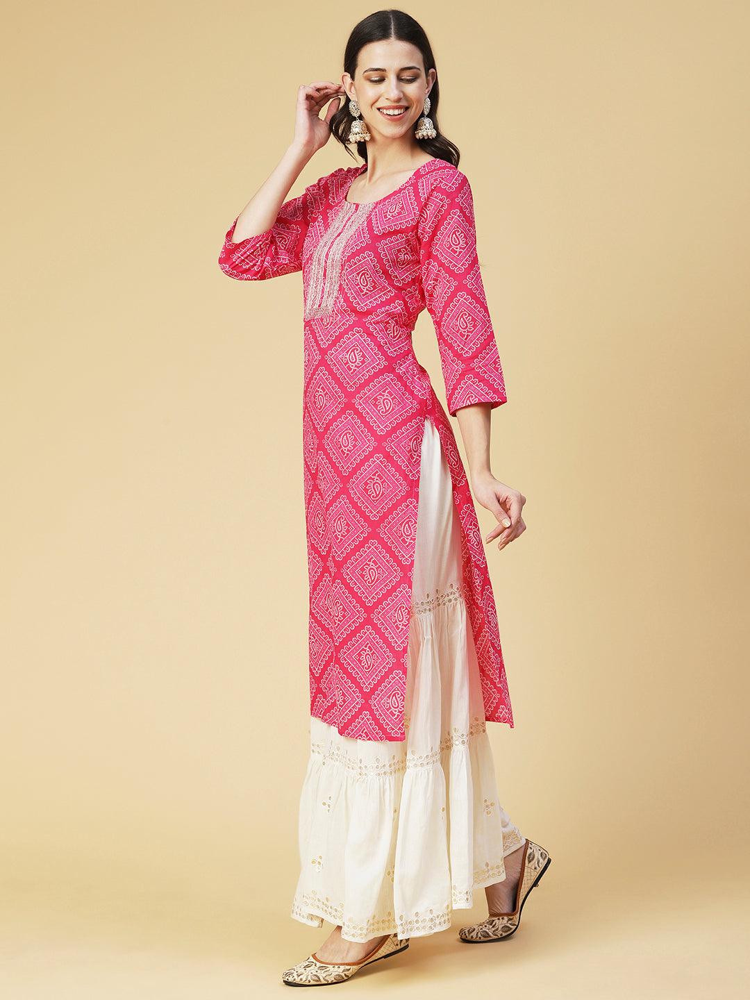 Bandhani Printed & Embroidered Straight Fit Kurta - Pink - Indiakreations