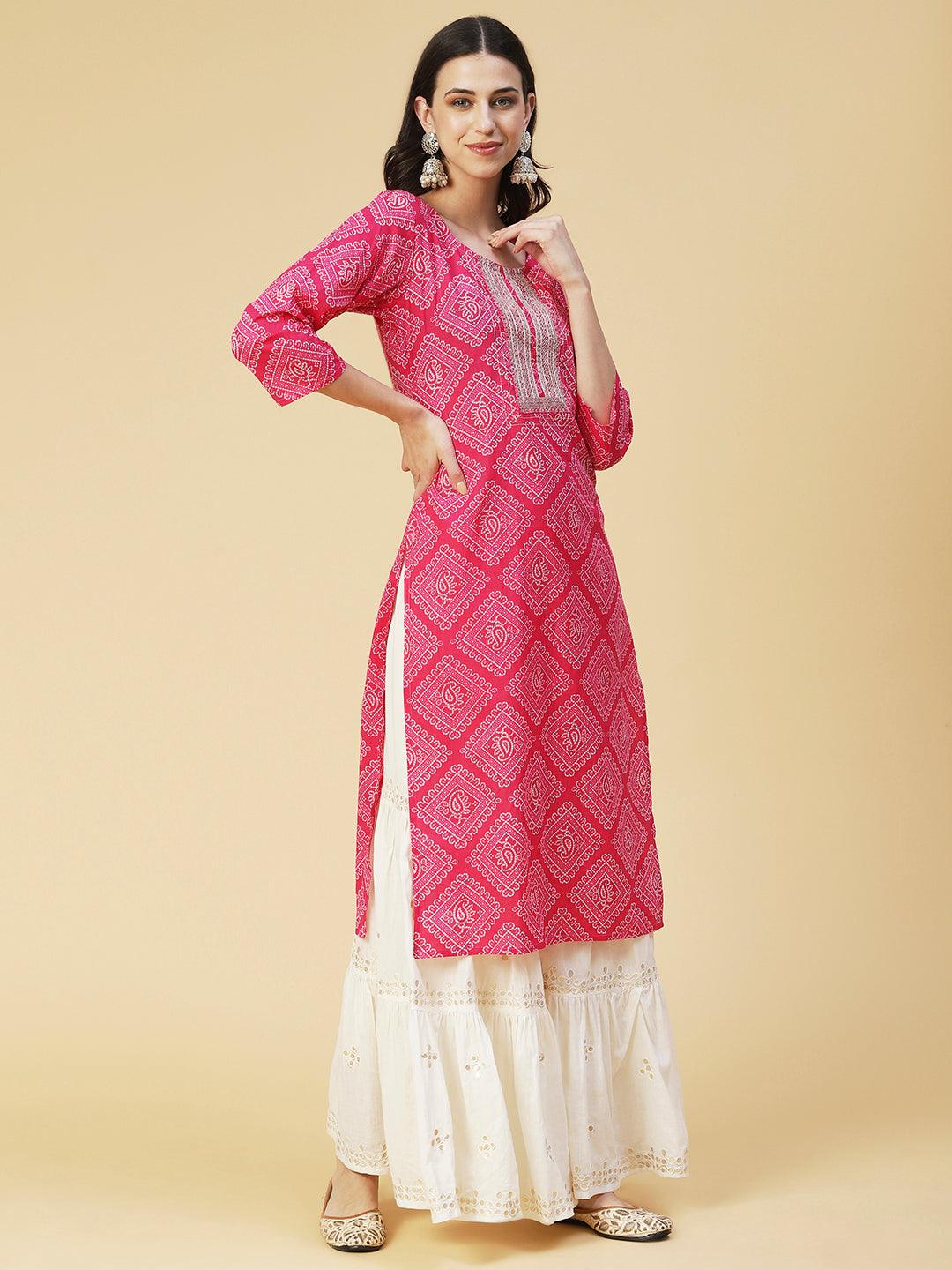 Bandhani Printed & Embroidered Straight Fit Kurta - Pink - Indiakreations