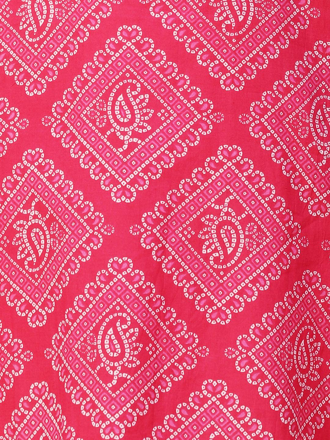 Bandhani Printed & Embroidered Straight Fit Kurta - Pink - Indiakreations