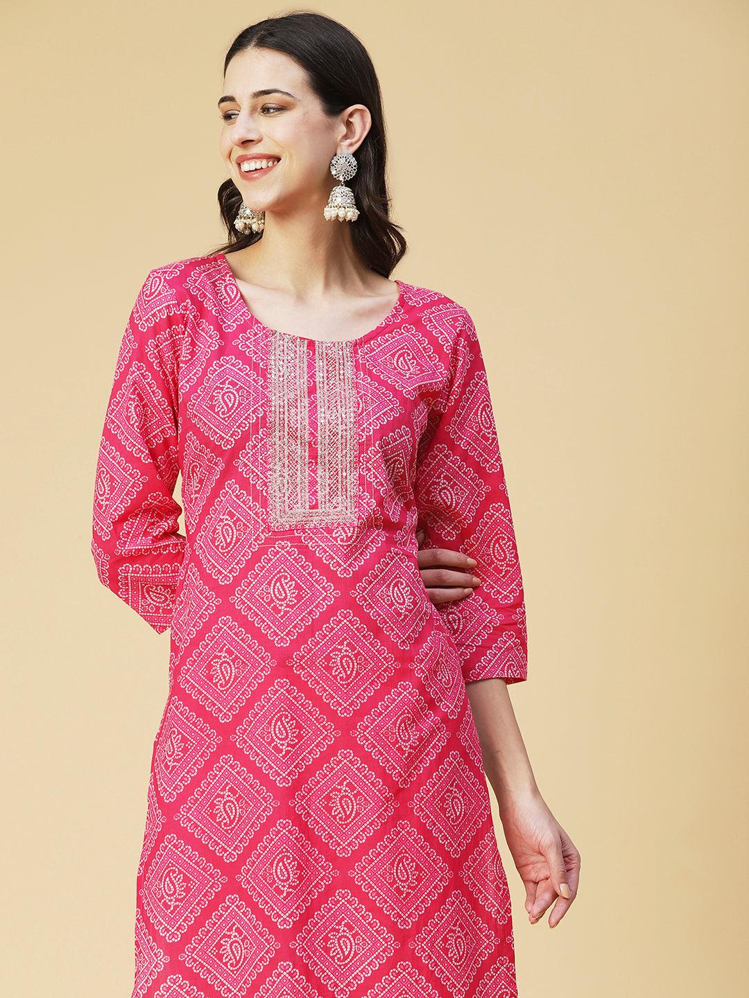 Bandhani Printed & Embroidered Straight Fit Kurta - Pink - Indiakreations