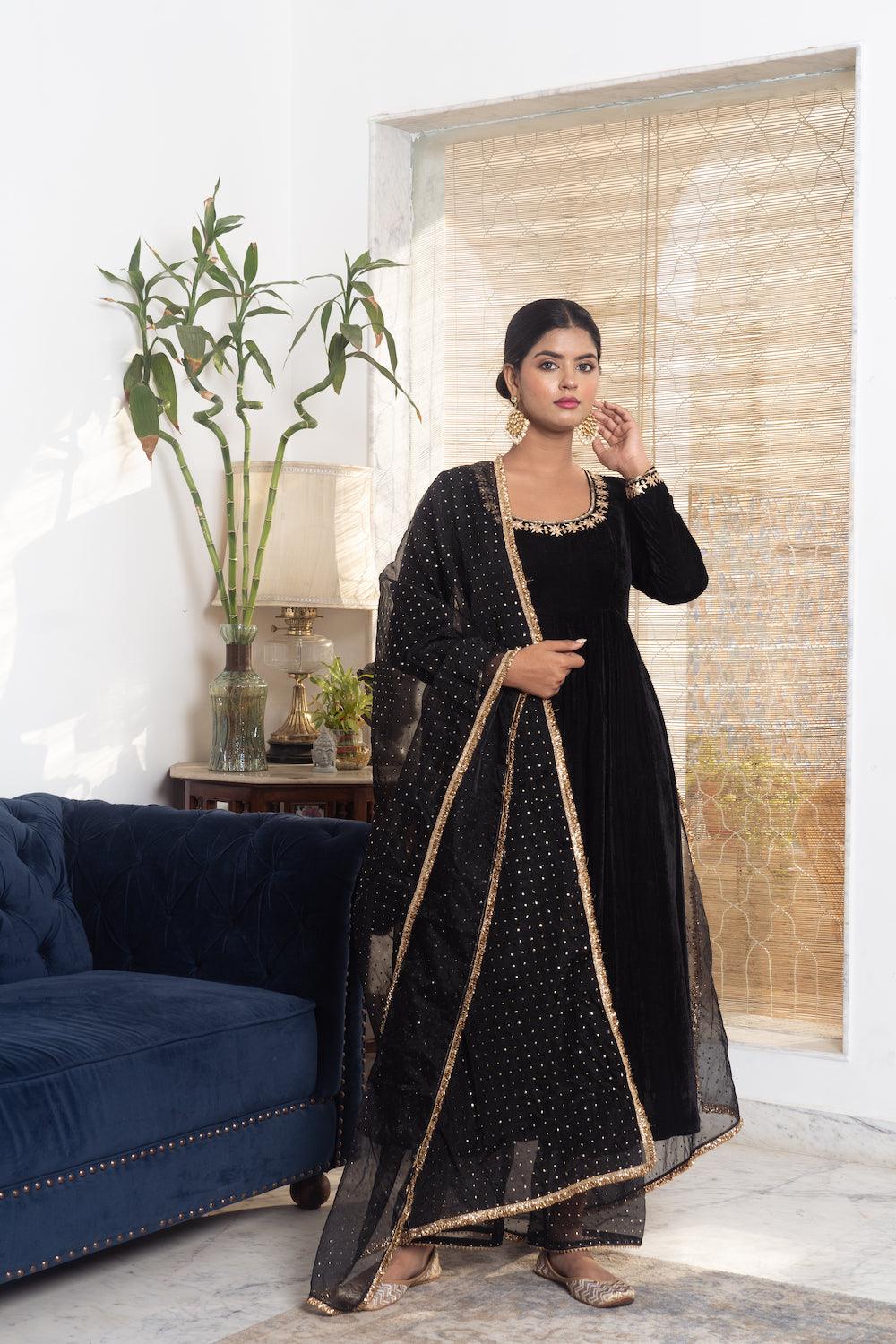 Khwabidah Black Anarkali Set of 3 - Indiakreations