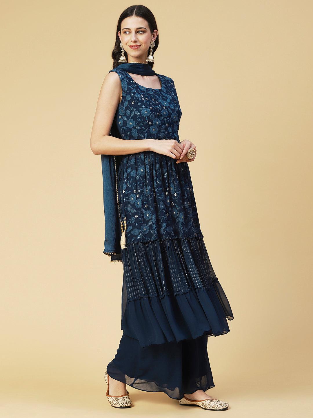 Floral Hand Embroidered A-Line Kurta with Palazzo & Dupatta - Teal - Indiakreations