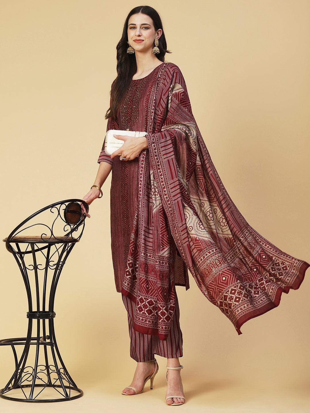 Ethnic Printed & Embroidered Straight Fit Kurta with Pant & Dupatta - Maroon - Indiakreations