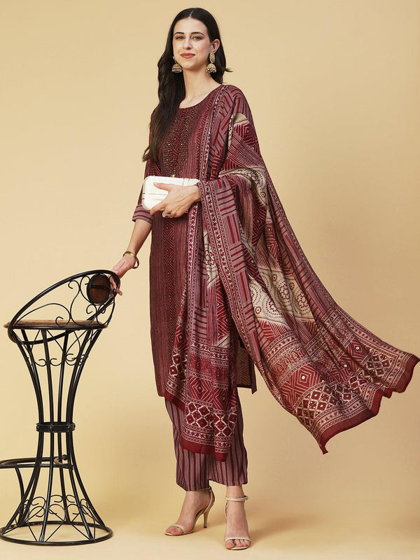 Ethnic Printed & Embroidered Straight Fit Kurta with Pant & Dupatta - Maroon - Indiakreations