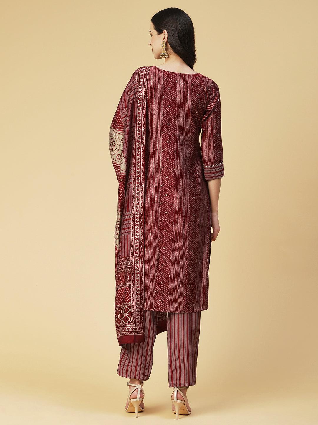 Ethnic Printed & Embroidered Straight Fit Kurta with Pant & Dupatta - Maroon - Indiakreations