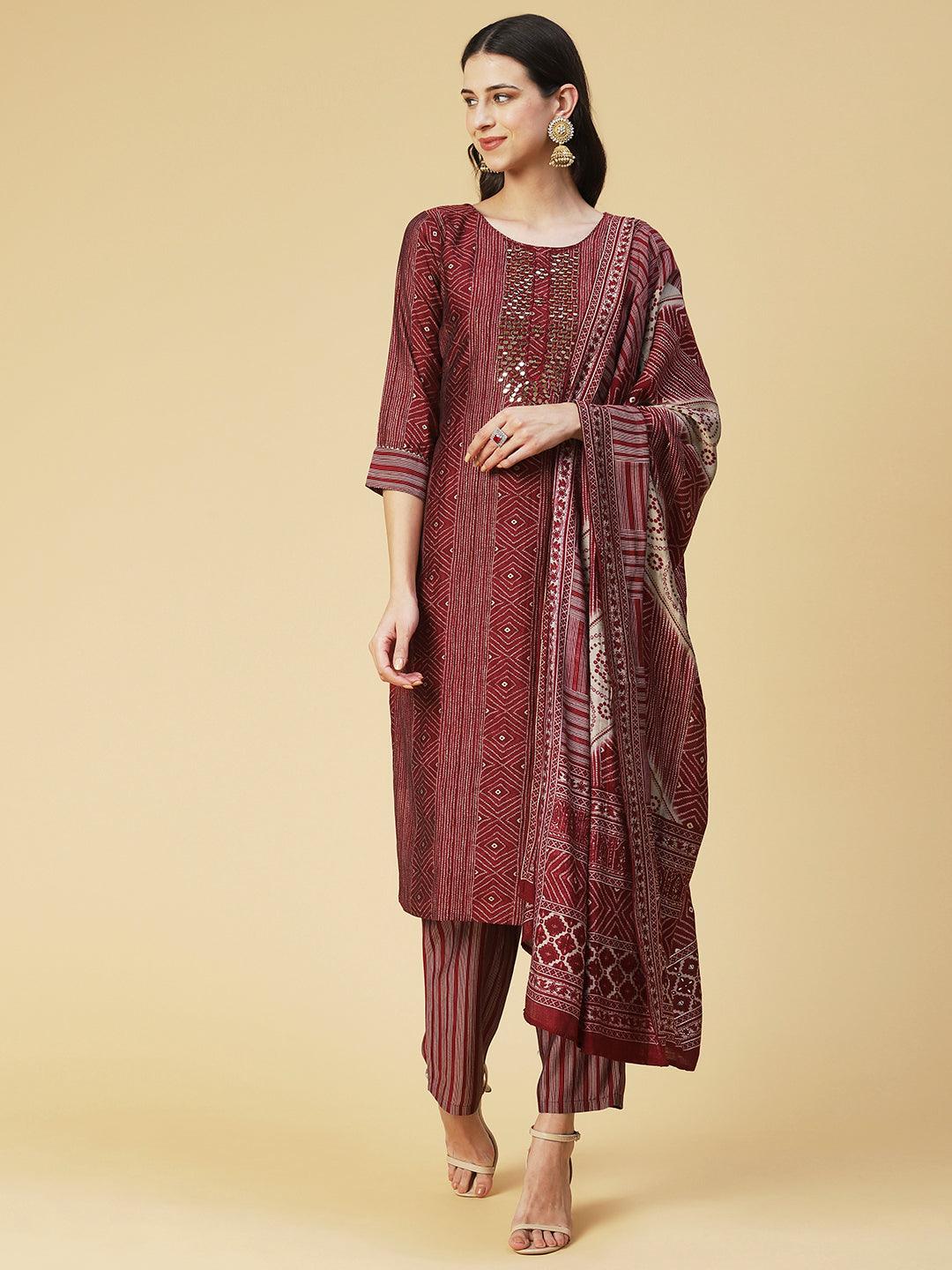 Ethnic Printed & Embroidered Straight Fit Kurta with Pant & Dupatta - Maroon - Indiakreations