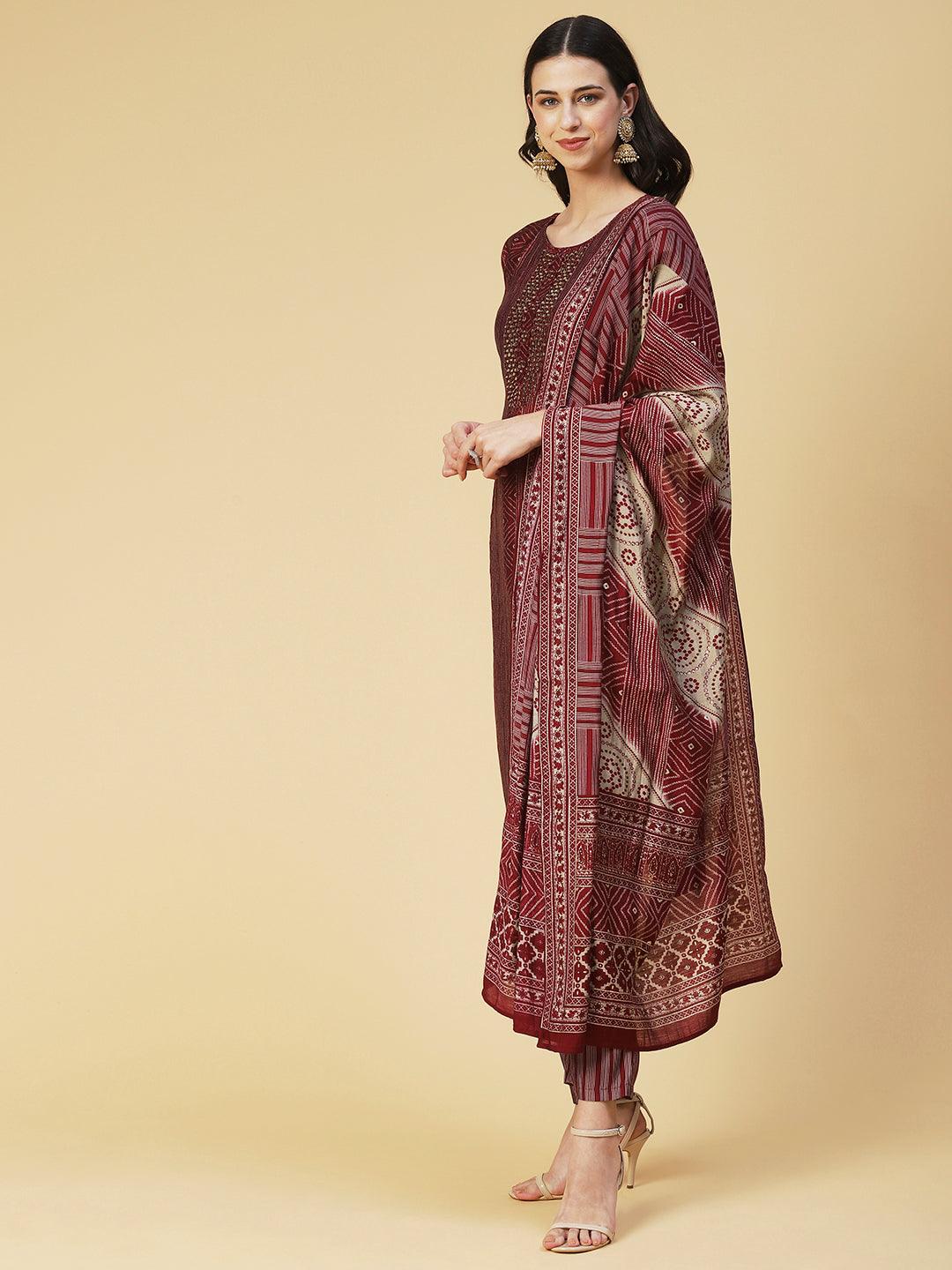 Ethnic Printed & Embroidered Straight Fit Kurta with Pant & Dupatta - Maroon - Indiakreations