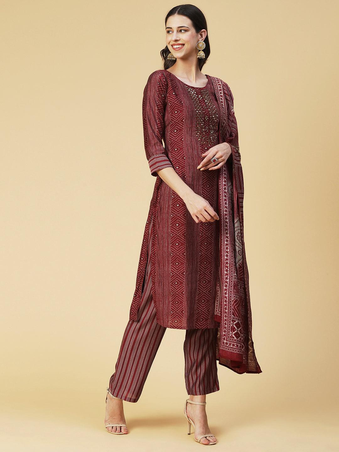 Ethnic Printed & Embroidered Straight Fit Kurta with Pant & Dupatta - Maroon - Indiakreations