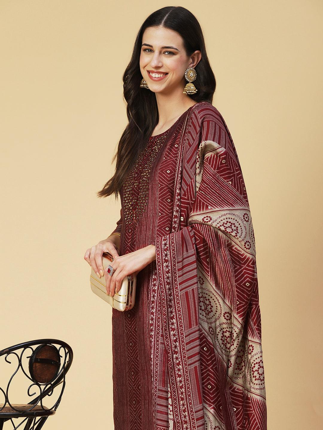 Ethnic Printed & Embroidered Straight Fit Kurta with Pant & Dupatta - Maroon - Indiakreations