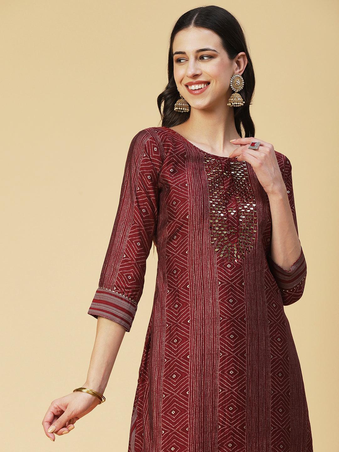 Ethnic Printed & Embroidered Straight Fit Kurta with Pant & Dupatta - Maroon - Indiakreations