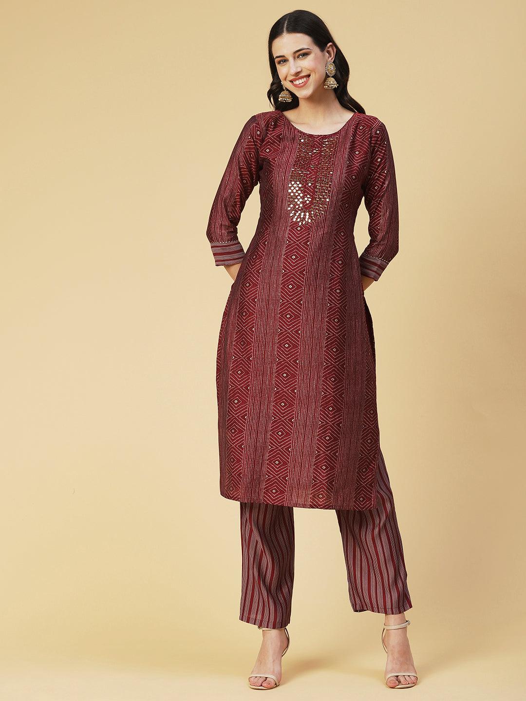 Ethnic Printed & Embroidered Straight Fit Kurta with Pant & Dupatta - Maroon - Indiakreations