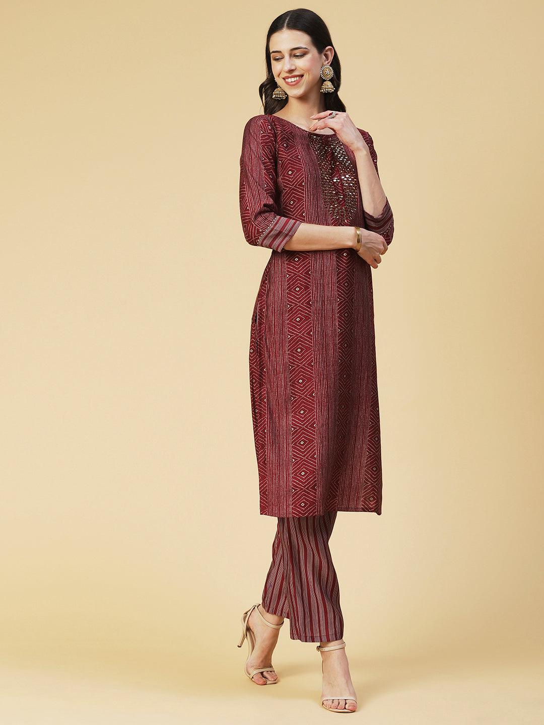 Ethnic Printed & Embroidered Straight Fit Kurta with Pant & Dupatta - Maroon - Indiakreations