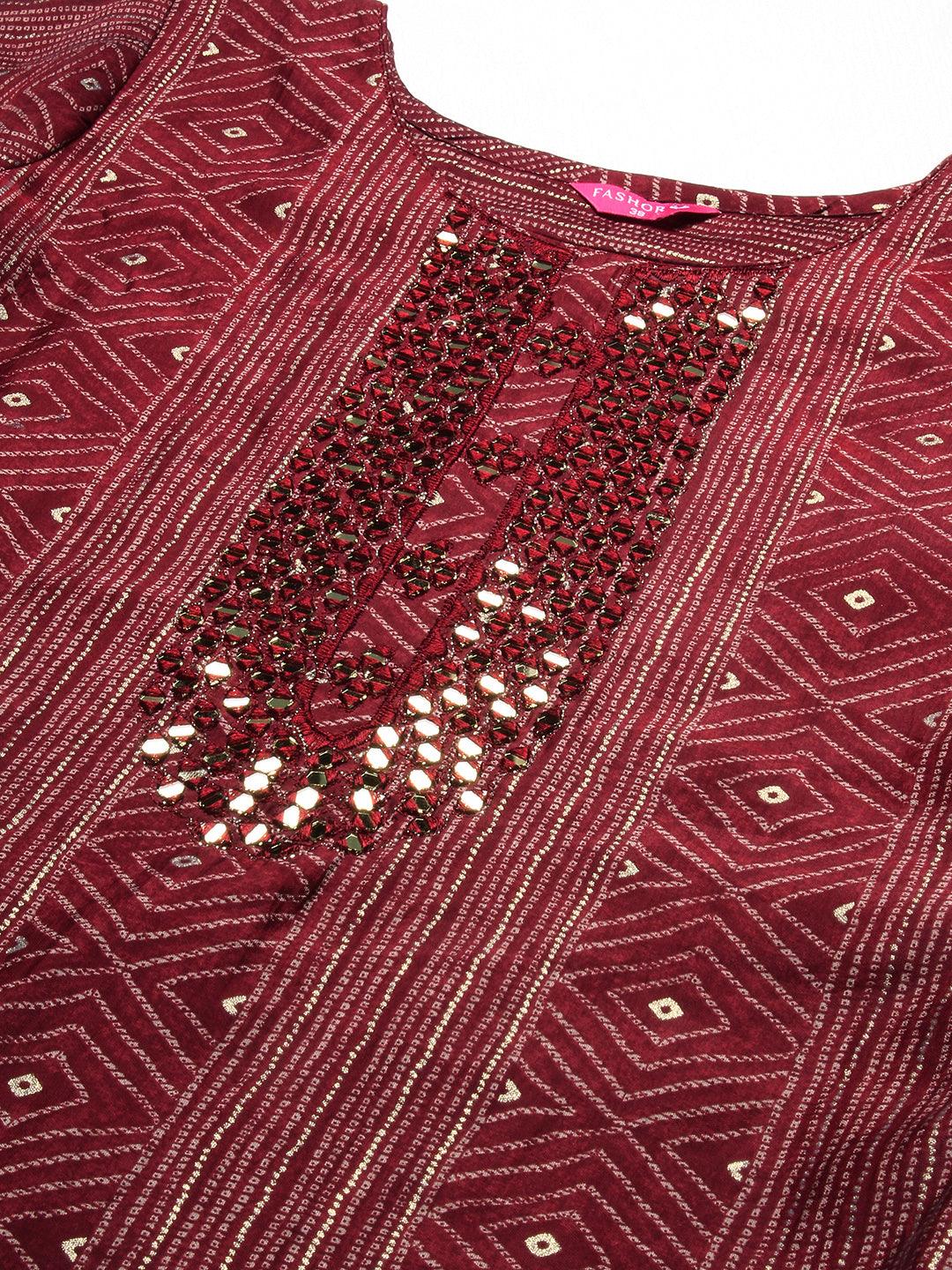 Ethnic Printed & Embroidered Straight Fit Kurta with Pant & Dupatta - Maroon - Indiakreations