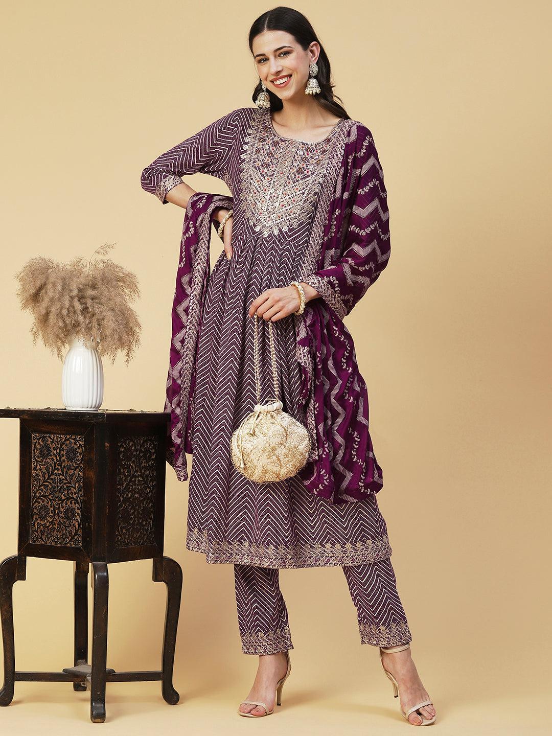 Chevron Printed Embroidered Kurta With Pants & Dupatta - Burgundy - Indiakreations