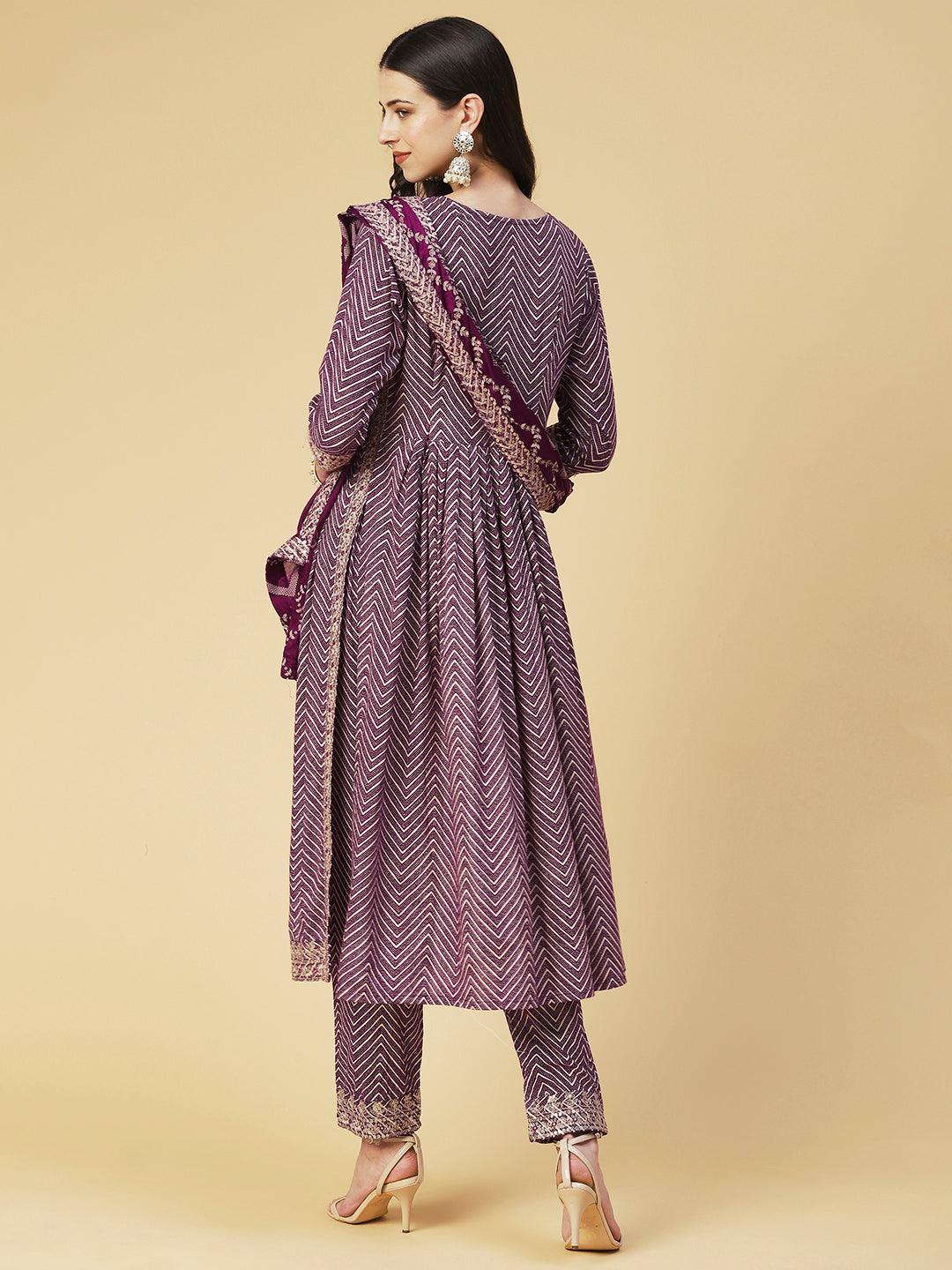 Chevron Printed Embroidered Kurta With Pants & Dupatta - Burgundy - Indiakreations