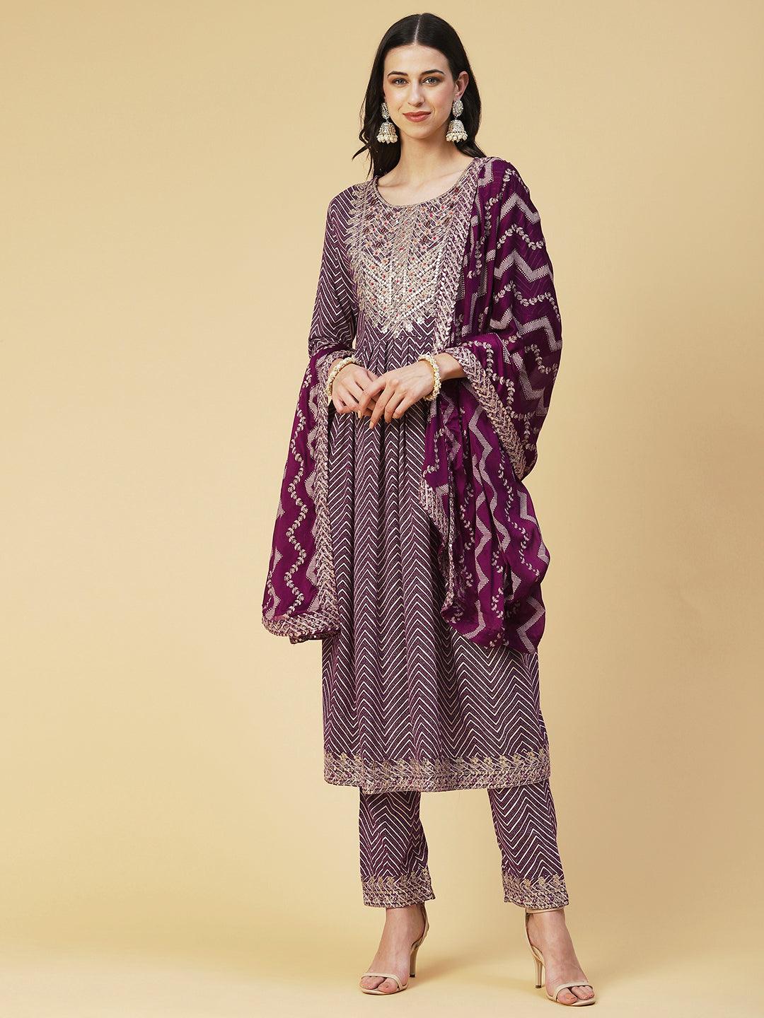 Chevron Printed Embroidered Kurta With Pants & Dupatta - Burgundy - Indiakreations