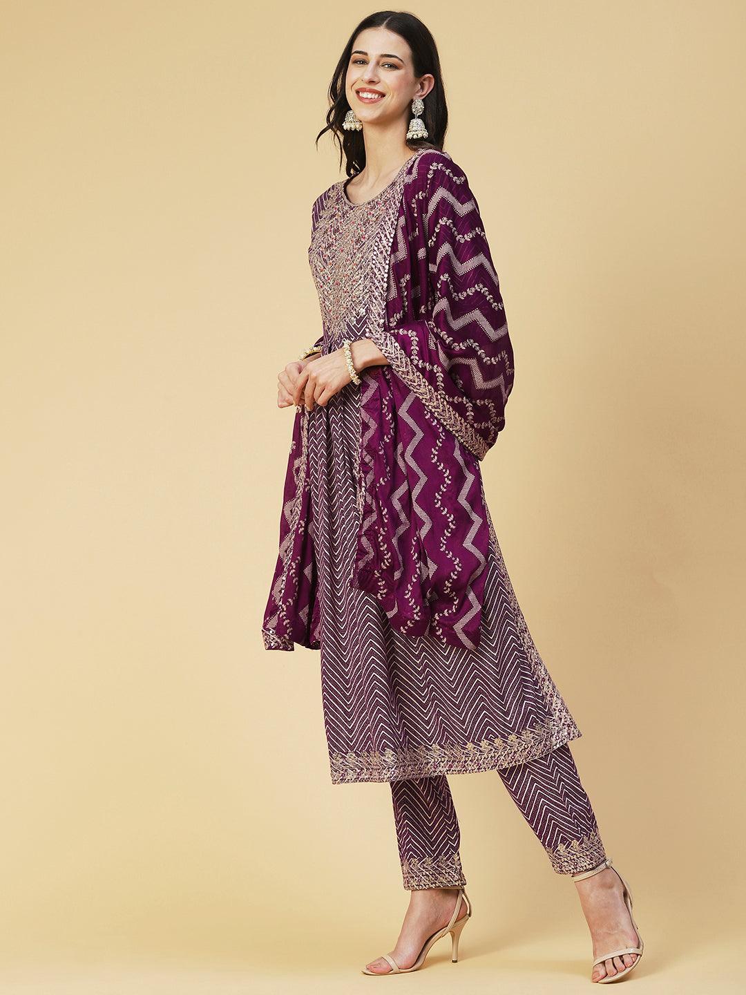 Chevron Printed Embroidered Kurta With Pants & Dupatta - Burgundy - Indiakreations