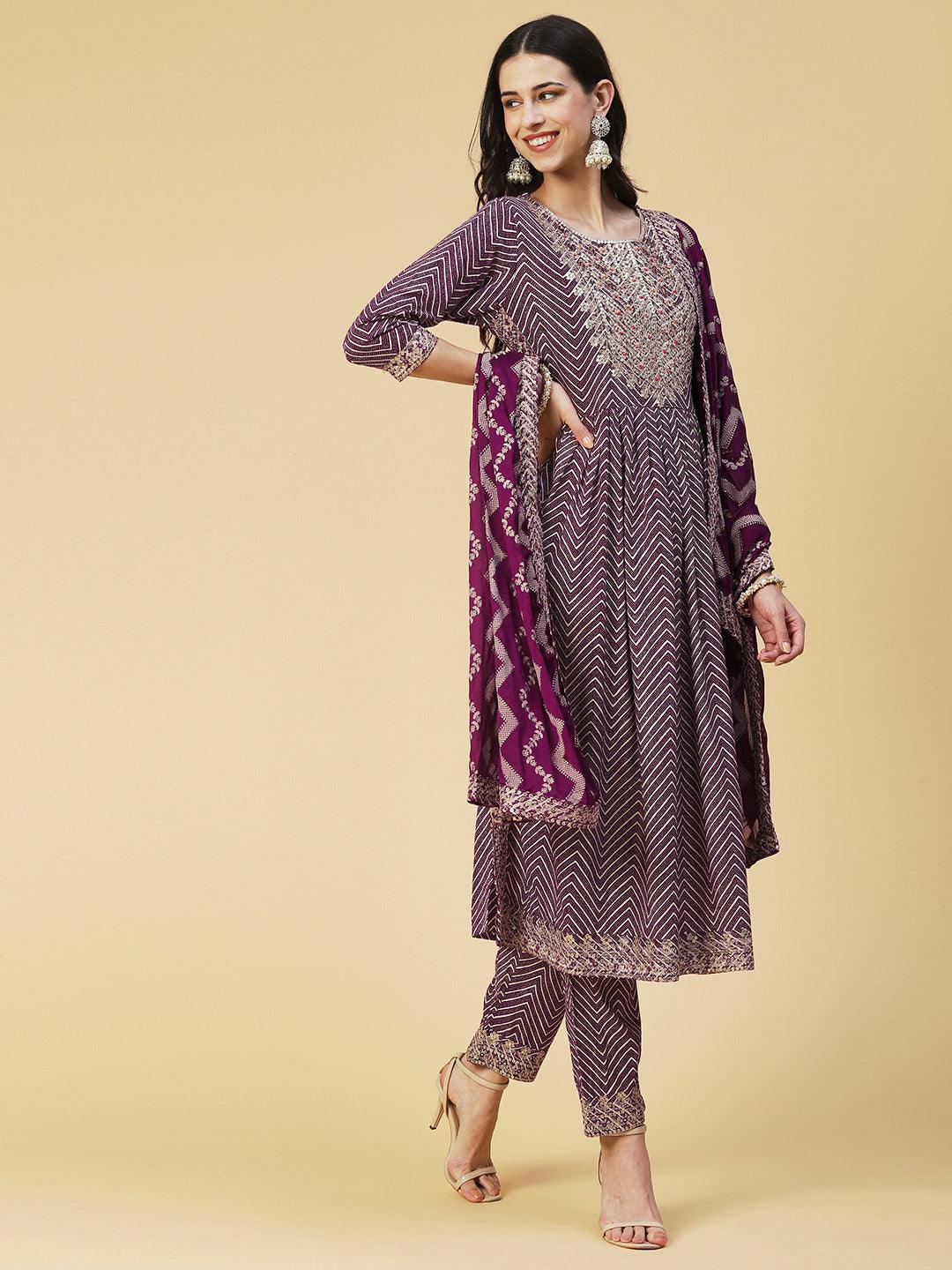 Chevron Printed Embroidered Kurta With Pants & Dupatta - Burgundy - Indiakreations