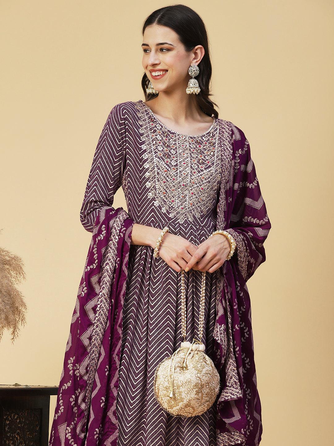 Chevron Printed Embroidered Kurta With Pants & Dupatta - Burgundy - Indiakreations