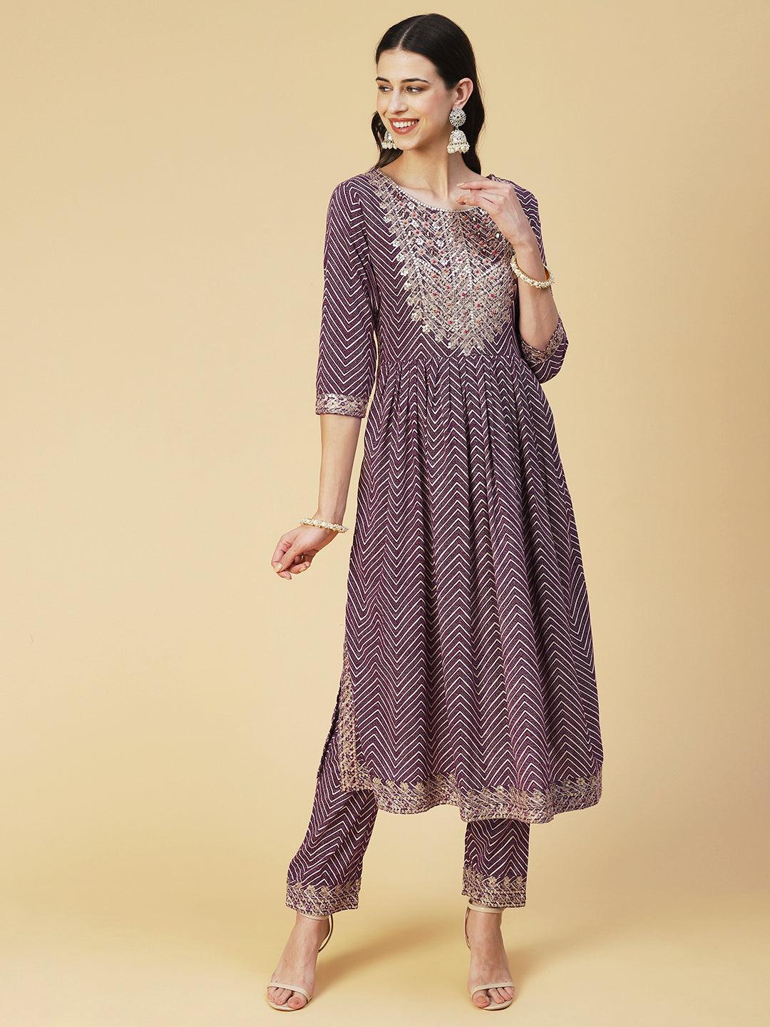 Chevron Printed Embroidered Kurta With Pants & Dupatta - Burgundy - Indiakreations