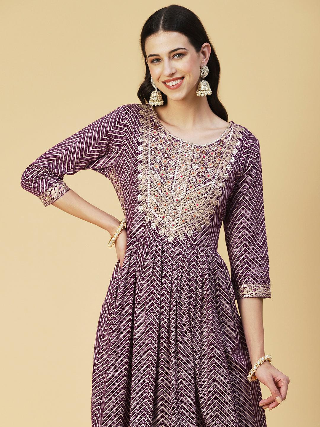 Chevron Printed Embroidered Kurta With Pants & Dupatta - Burgundy - Indiakreations