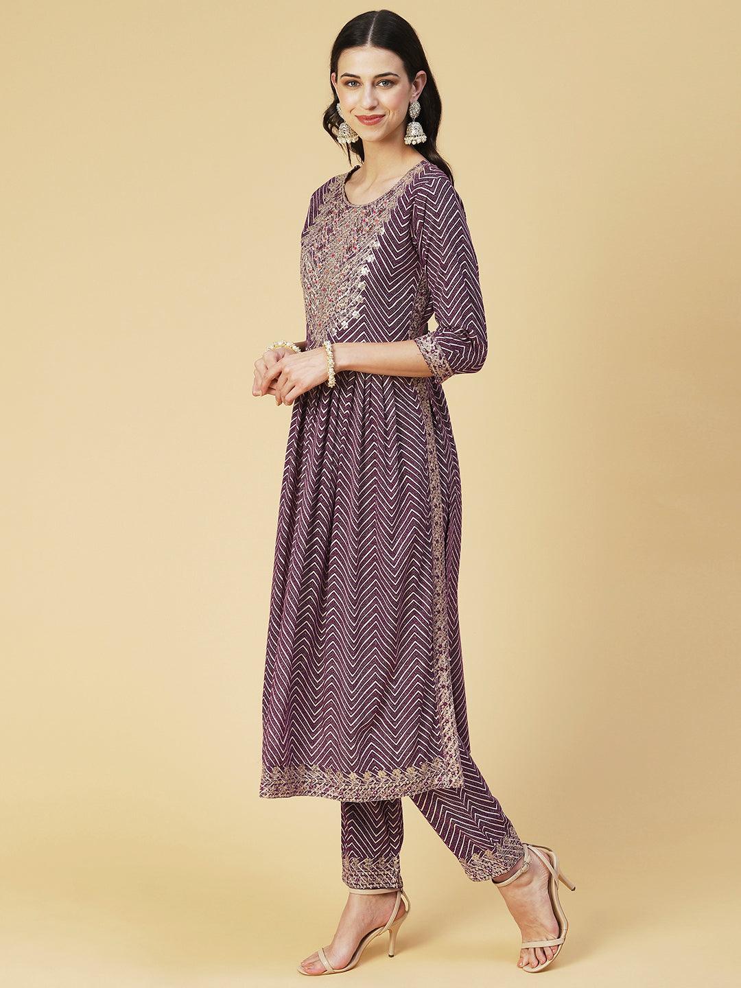 Chevron Printed Embroidered Kurta With Pants & Dupatta - Burgundy - Indiakreations