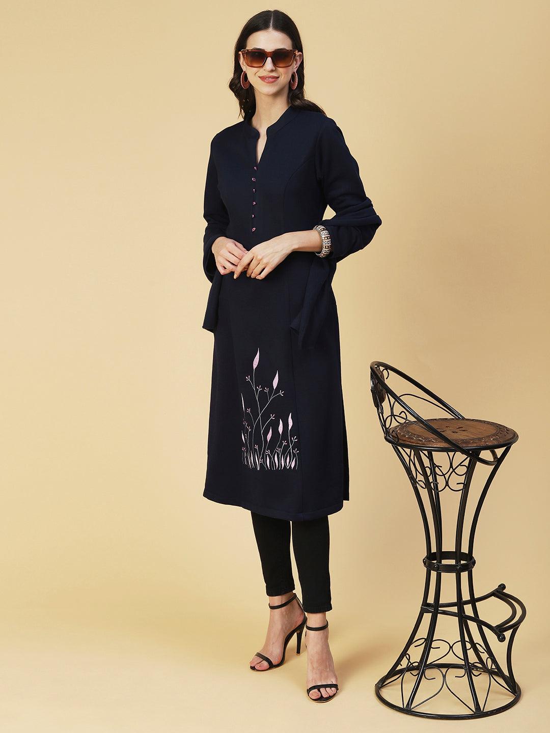 Winter Edition Floral Embroidered Straight Fit Kurta with Stole - Navy Blue - Indiakreations