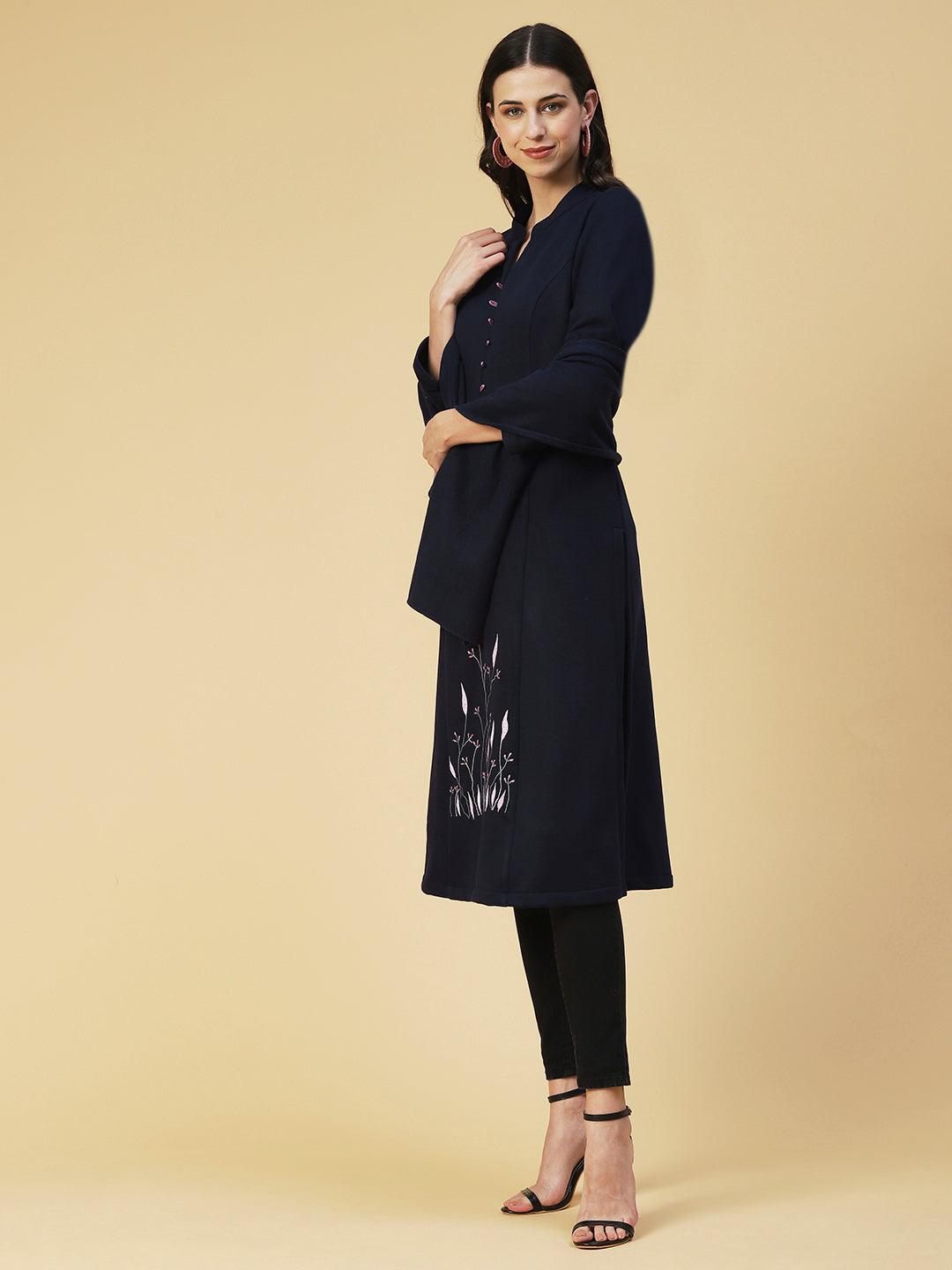 Winter Edition Floral Embroidered Straight Fit Kurta with Stole - Navy Blue - Indiakreations