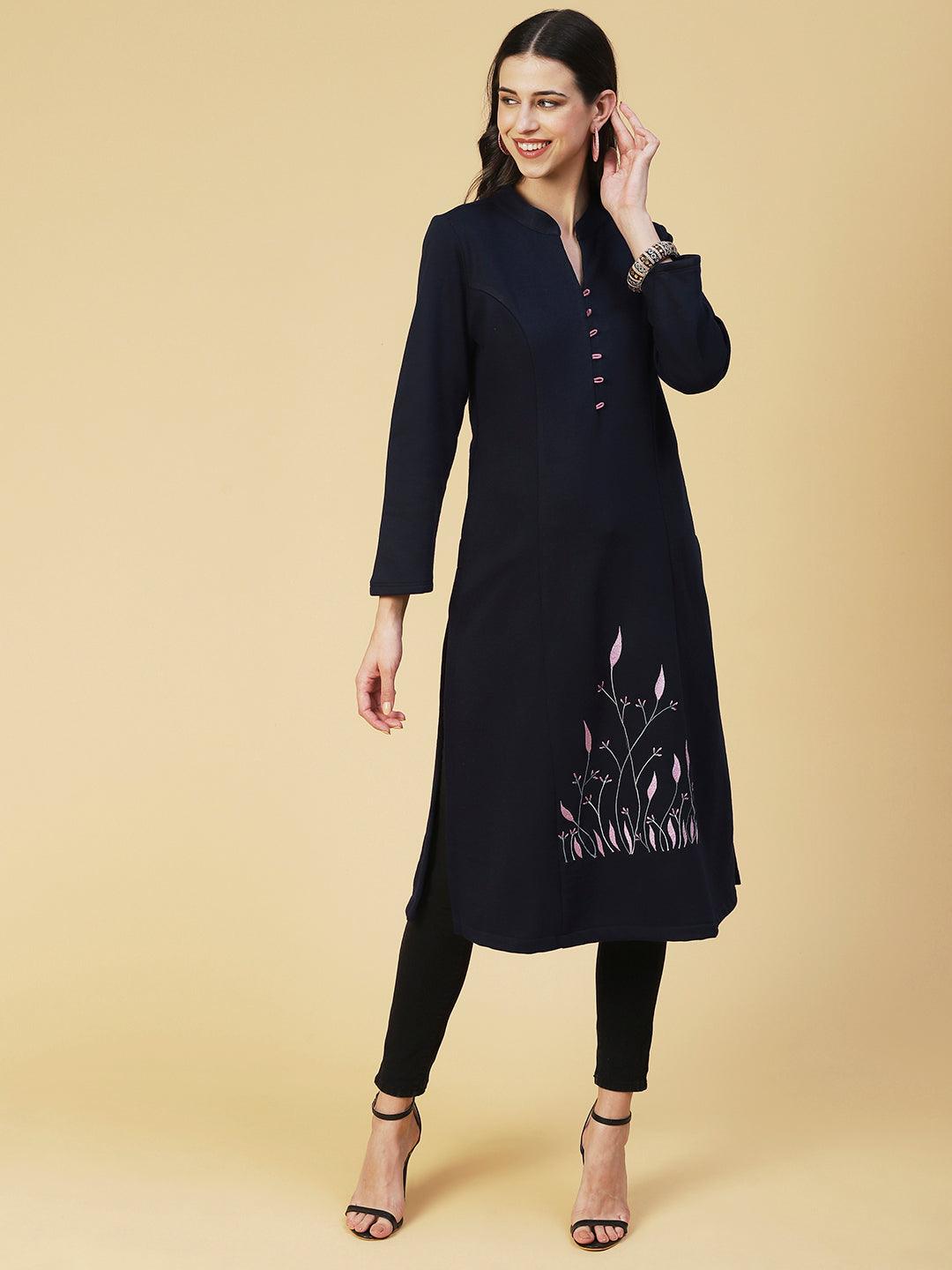 Winter Edition Floral Embroidered Straight Fit Kurta with Stole - Navy Blue - Indiakreations