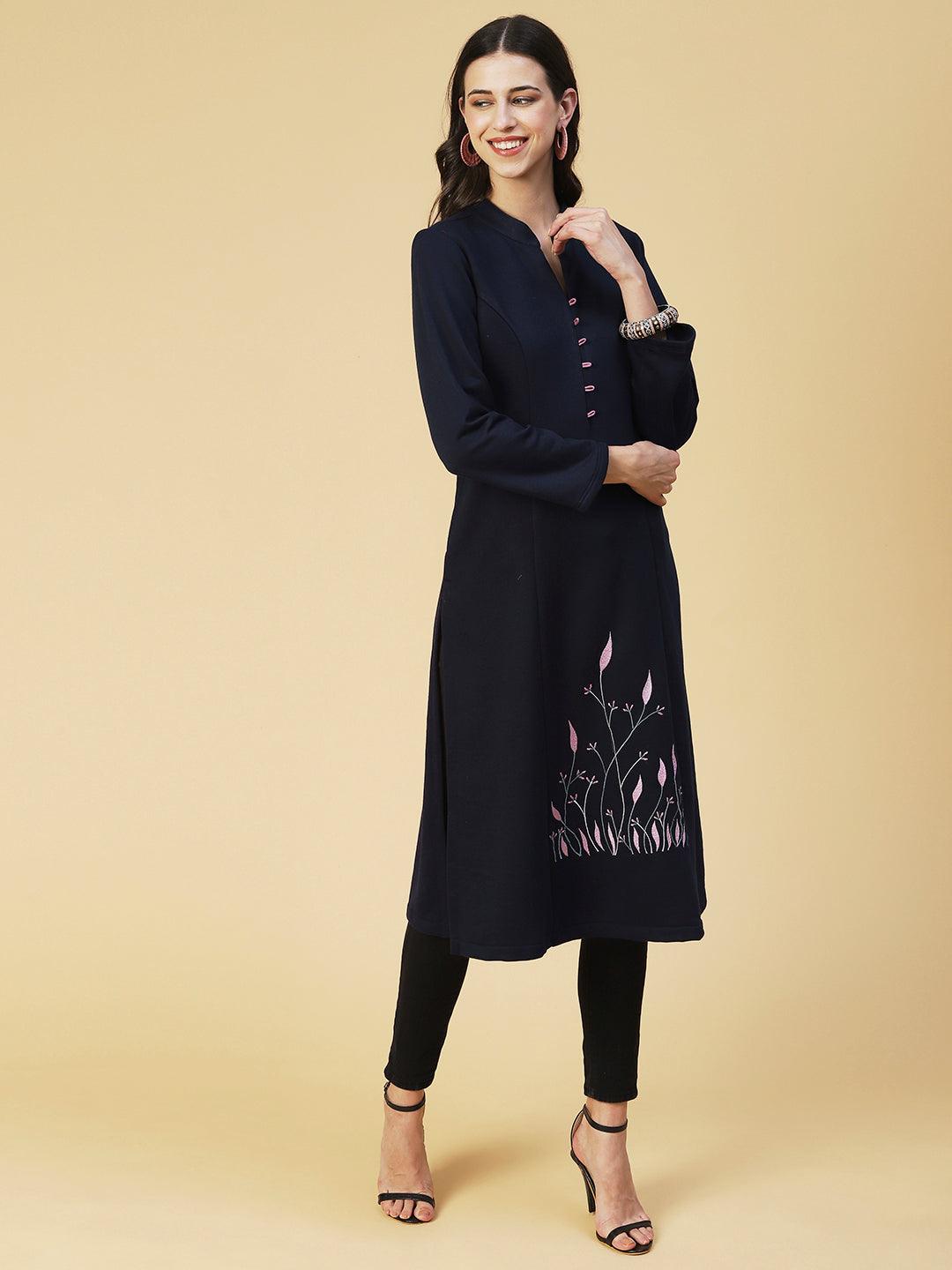 Winter Edition Floral Embroidered Straight Fit Kurta with Stole - Navy Blue - Indiakreations