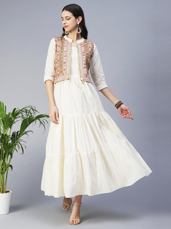 Solid Tiered Flared Maxi Dress with Floral Hand Embroidered Jacket - Off White - Indiakreations