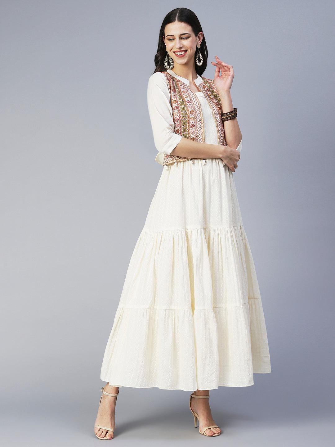 Solid Tiered Flared Maxi Dress with Floral Hand Embroidered Jacket - Off White - Indiakreations