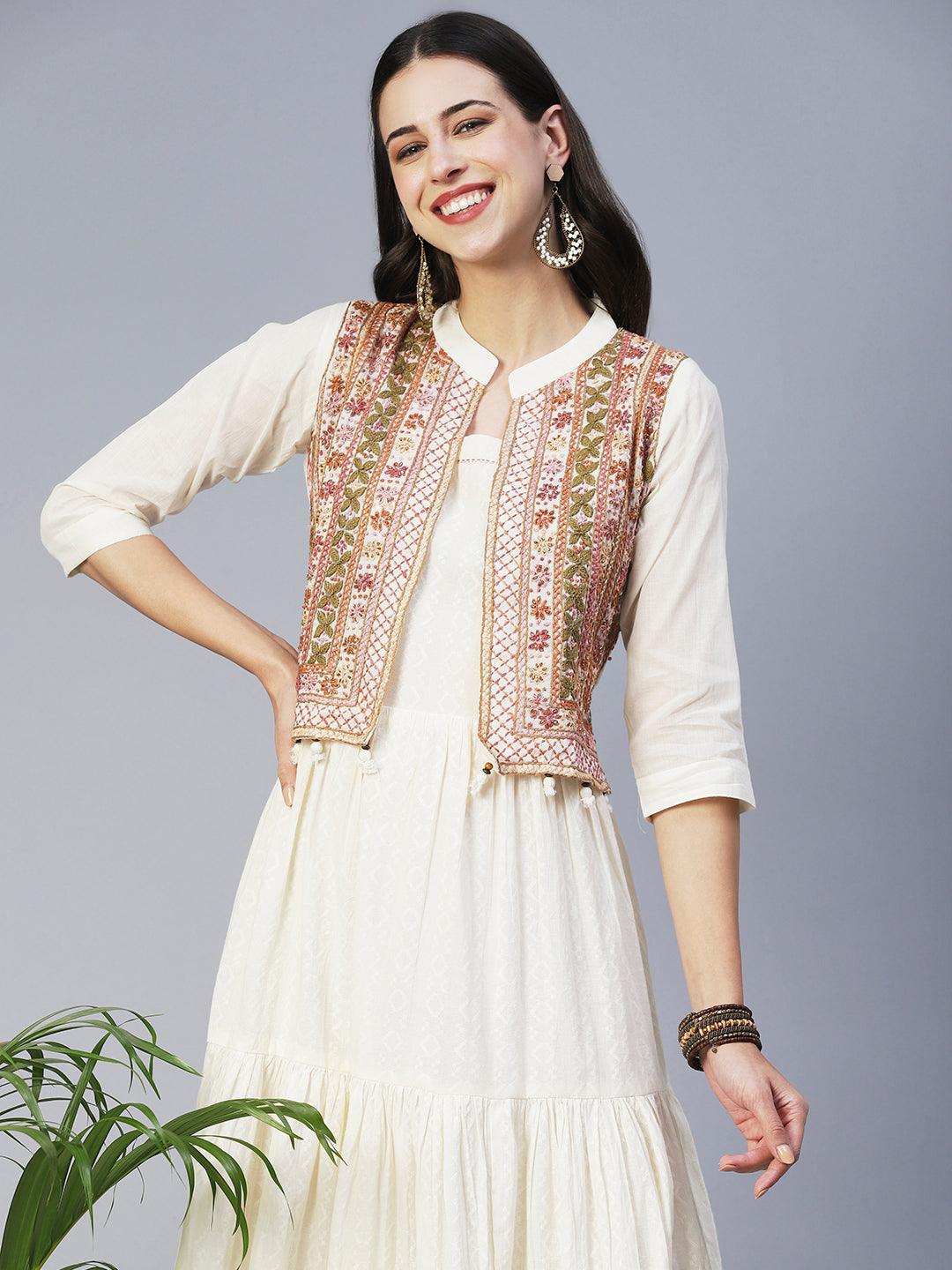 Solid Tiered Flared Maxi Dress with Floral Hand Embroidered Jacket - Off White - Indiakreations