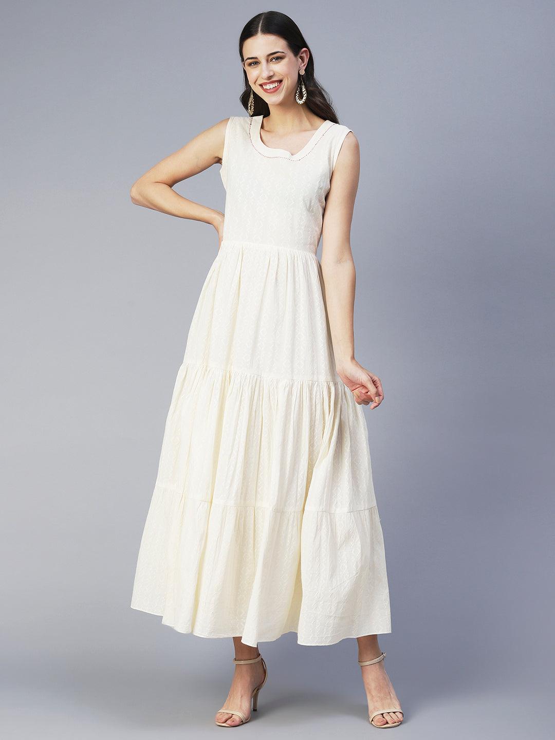 Solid Tiered Flared Maxi Dress with Floral Hand Embroidered Jacket - Off White - Indiakreations