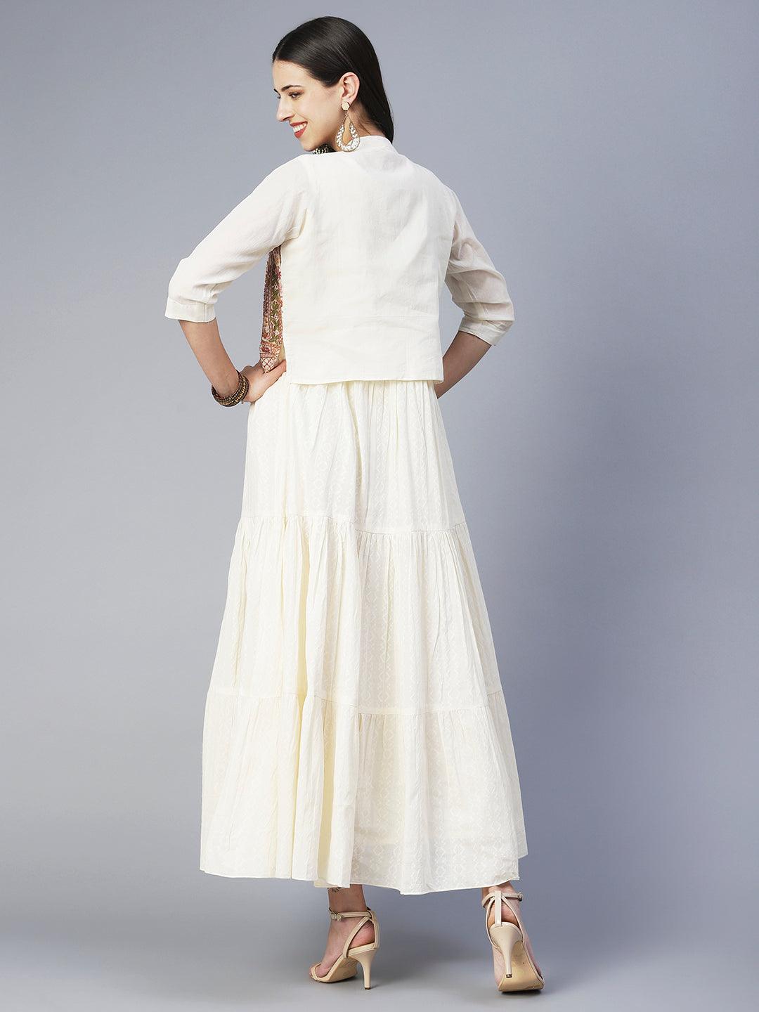 Solid Tiered Flared Maxi Dress with Floral Hand Embroidered Jacket - Off White - Indiakreations