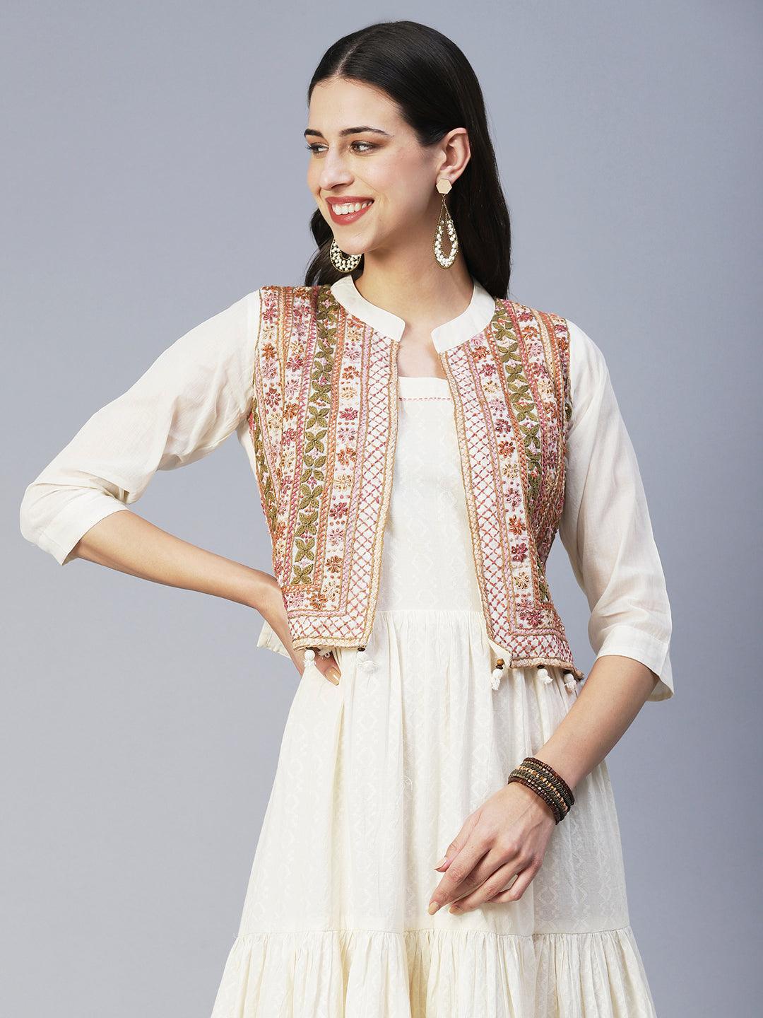 Solid Tiered Flared Maxi Dress with Floral Hand Embroidered Jacket - Off White - Indiakreations