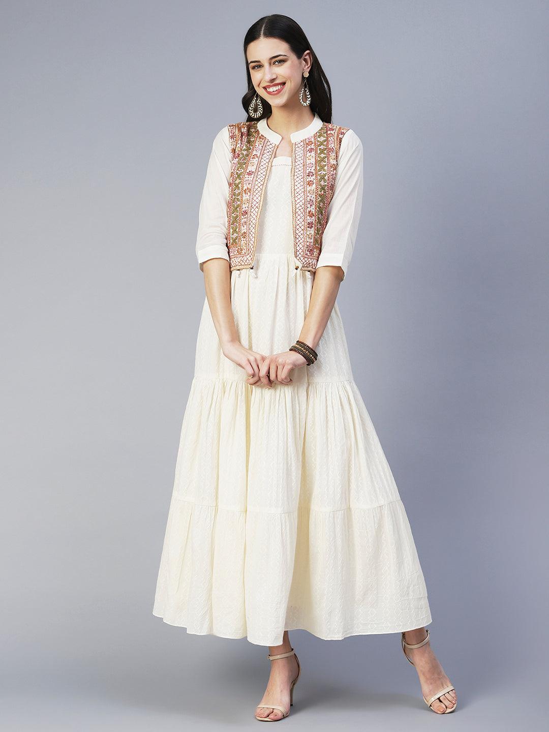 Solid Tiered Flared Maxi Dress with Floral Hand Embroidered Jacket - Off White - Indiakreations