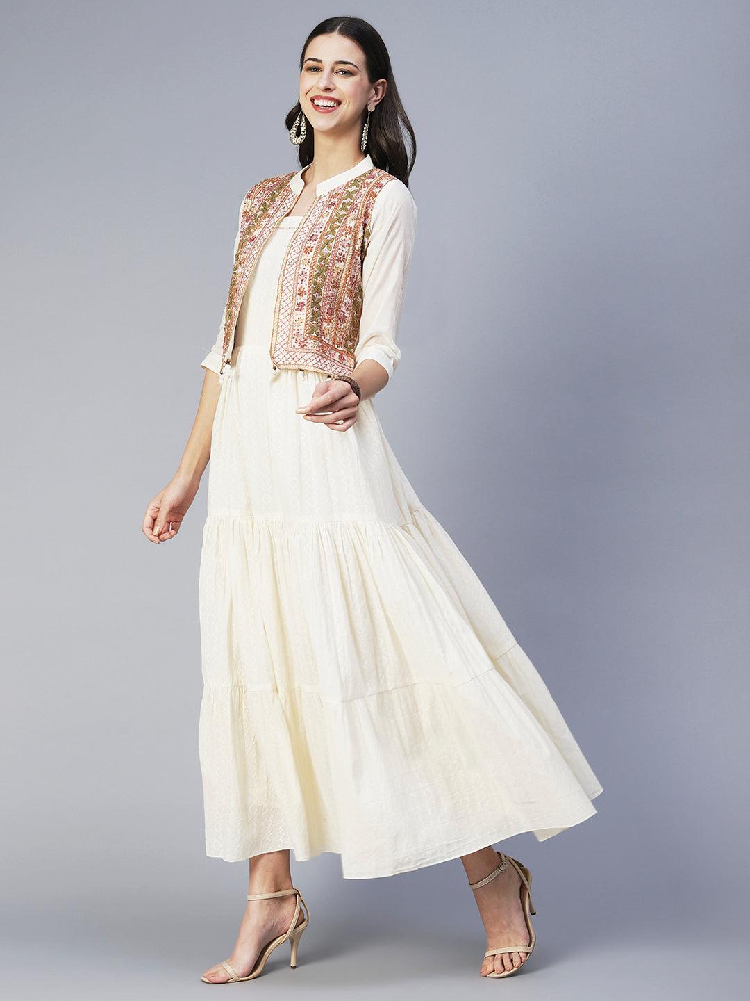 Solid Tiered Flared Maxi Dress with Floral Hand Embroidered Jacket - Off White - Indiakreations