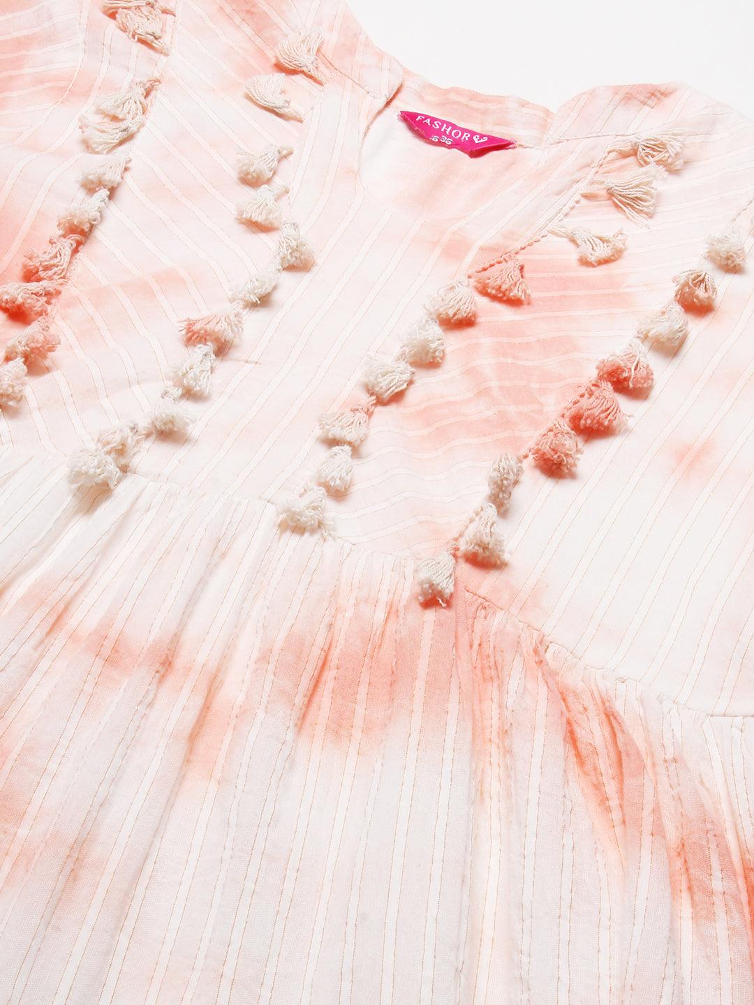 Tie-Dyed A-Line Tiered Midi Dress - Light Peach - Indiakreations