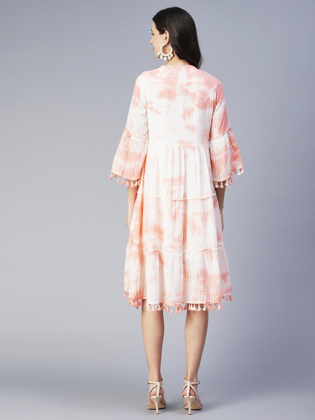 Tie-Dyed A-Line Tiered Midi Dress - Light Peach - Indiakreations