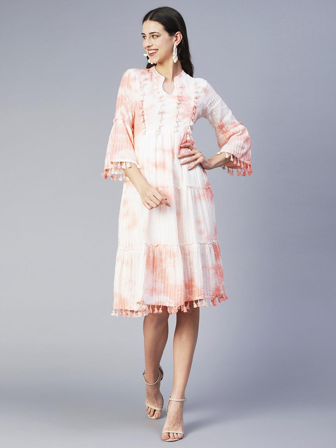 Tie-Dyed A-Line Tiered Midi Dress - Light Peach - Indiakreations