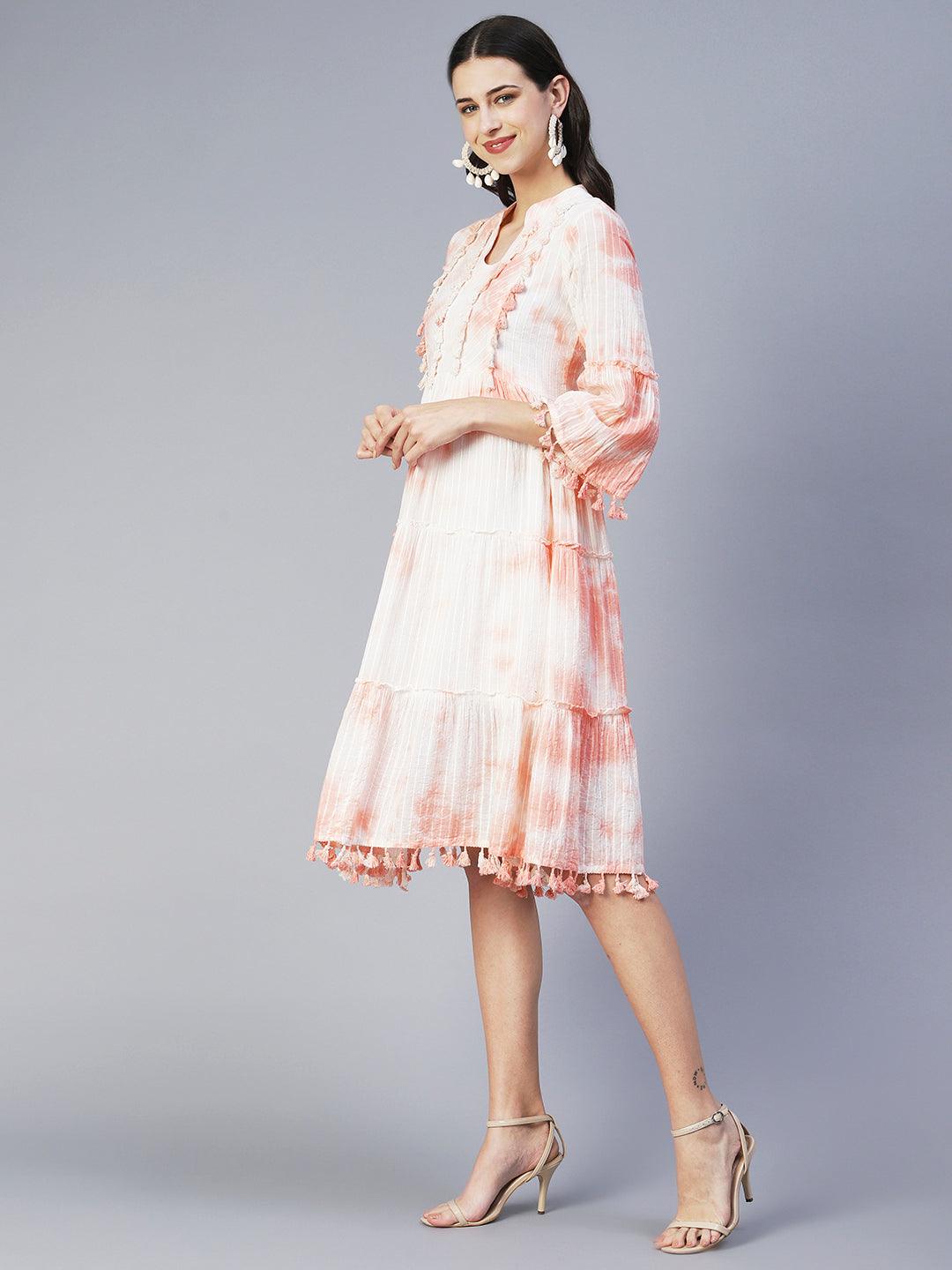 Tie-Dyed A-Line Tiered Midi Dress - Light Peach - Indiakreations