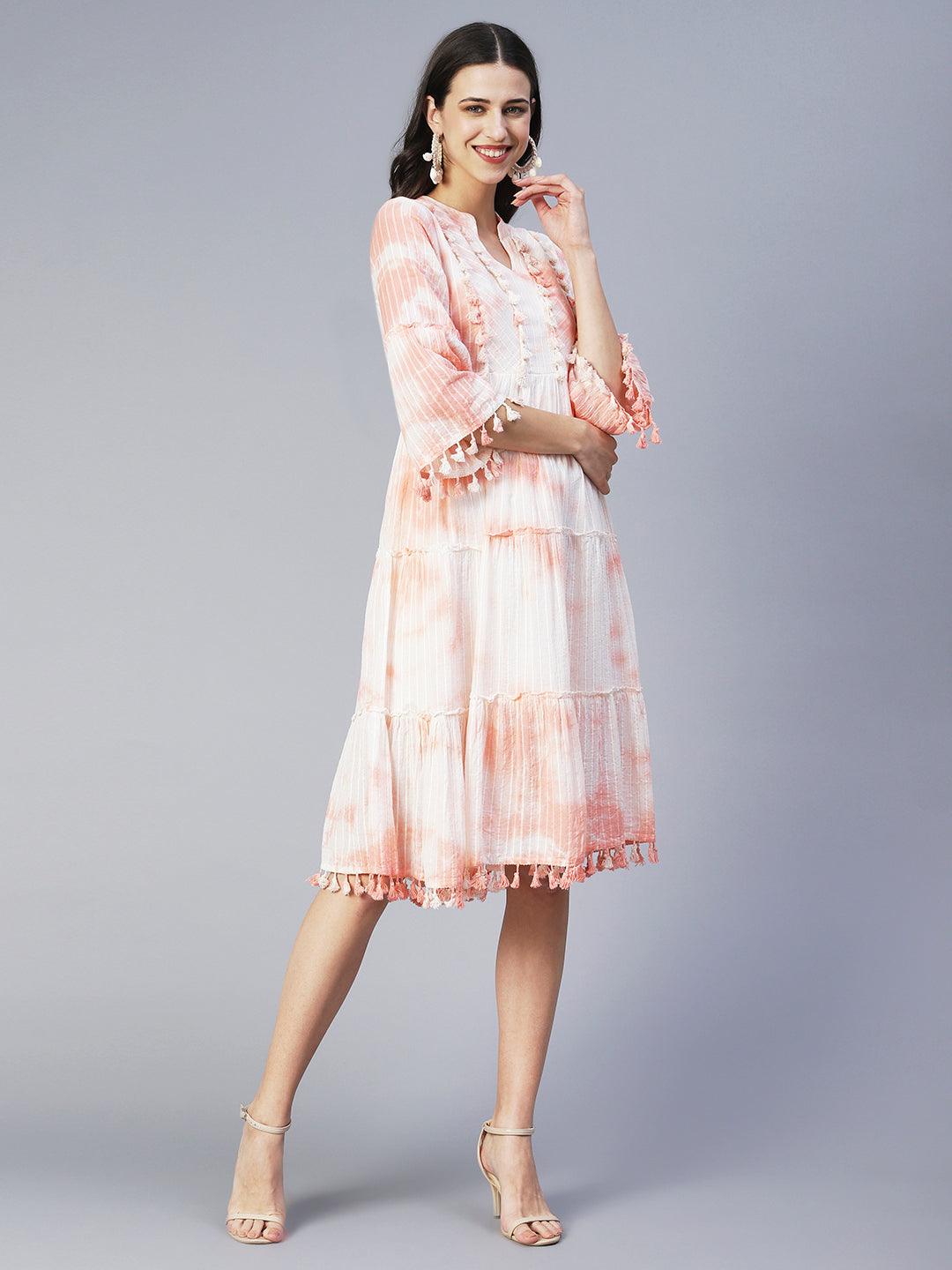 Tie-Dyed A-Line Tiered Midi Dress - Light Peach - Indiakreations