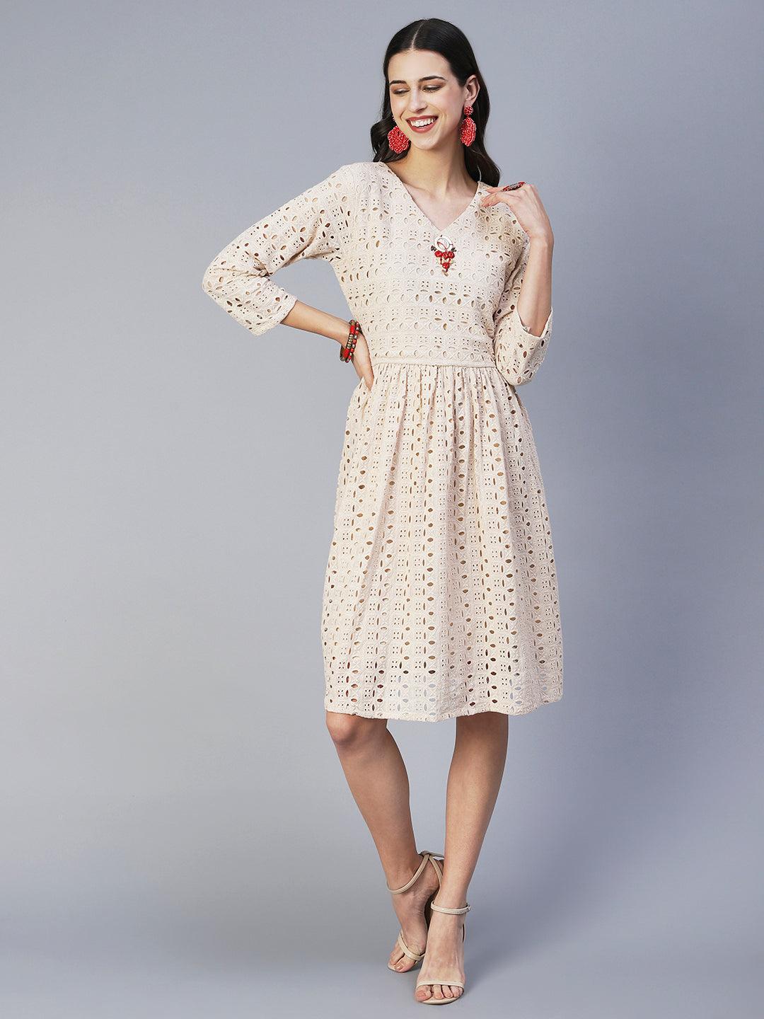 Solid Schiffili Embroidered Dress - Beige - Indiakreations