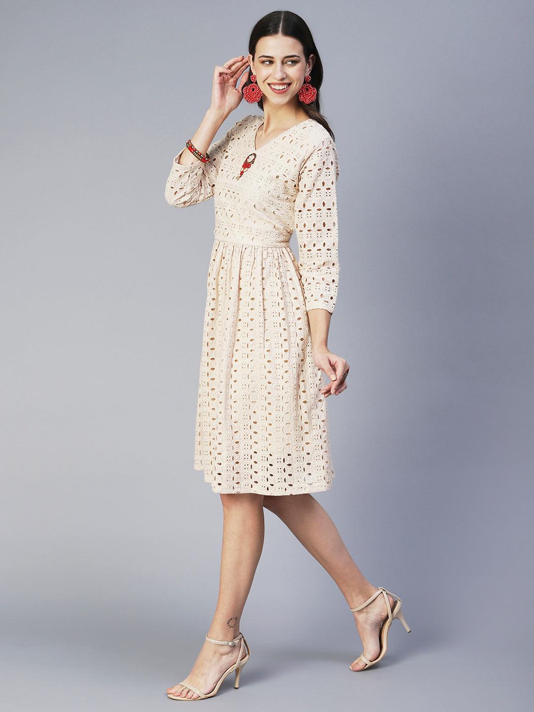 Solid Schiffili Embroidered Dress - Beige - Indiakreations